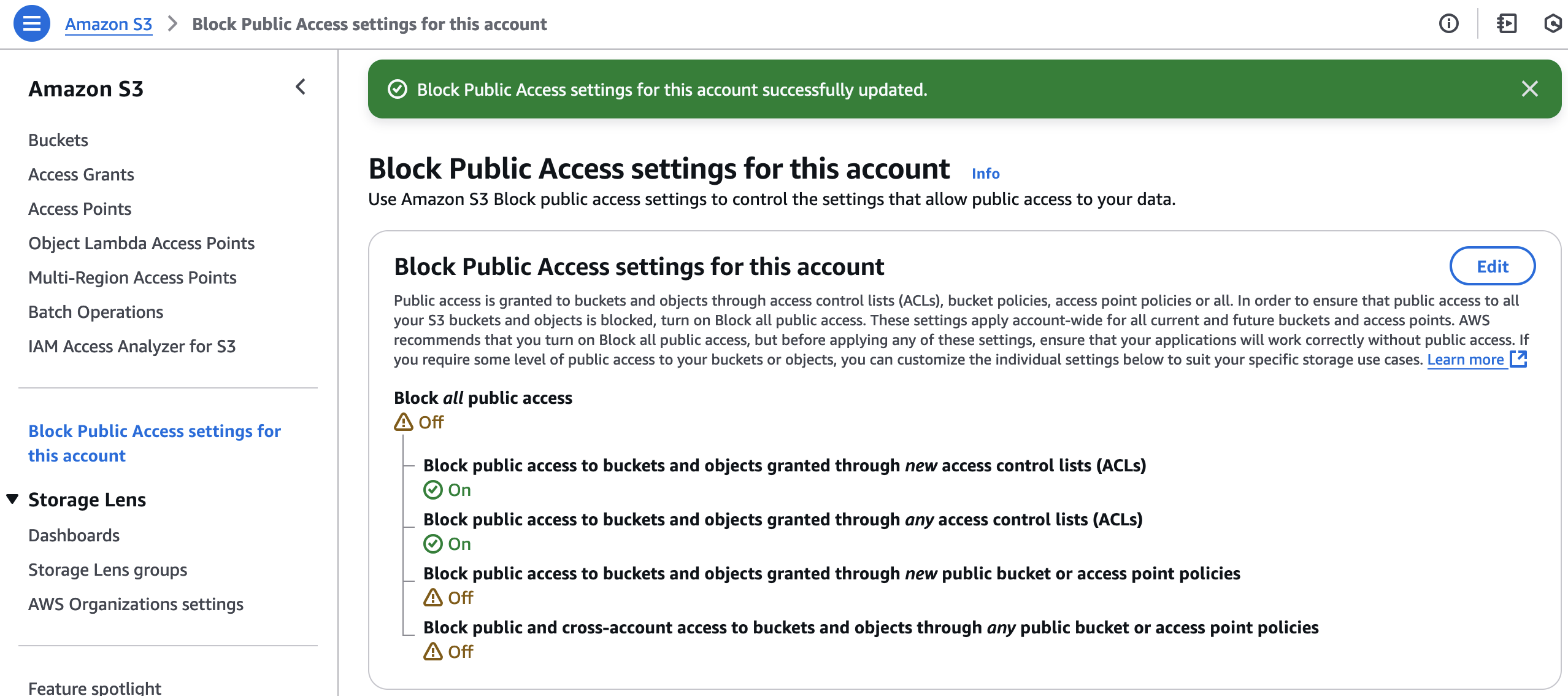 Block public access using ACLs for all buckets in the account