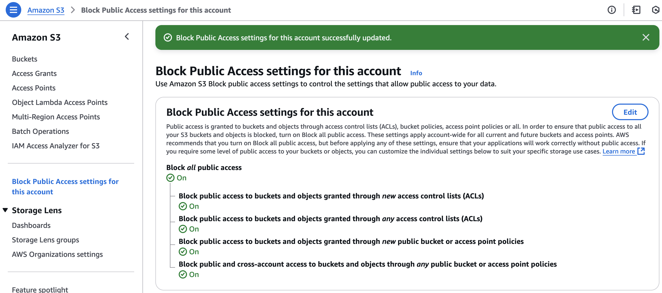 Block all public access for all buckets in the account